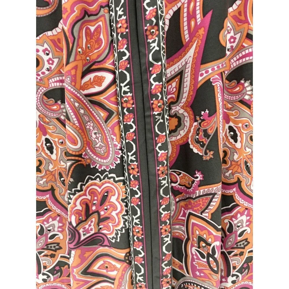 INC Skirt PS Pink Paisley Gray Coral Midi Rhinestone Sharkbite‎ Hem Stretch Boho